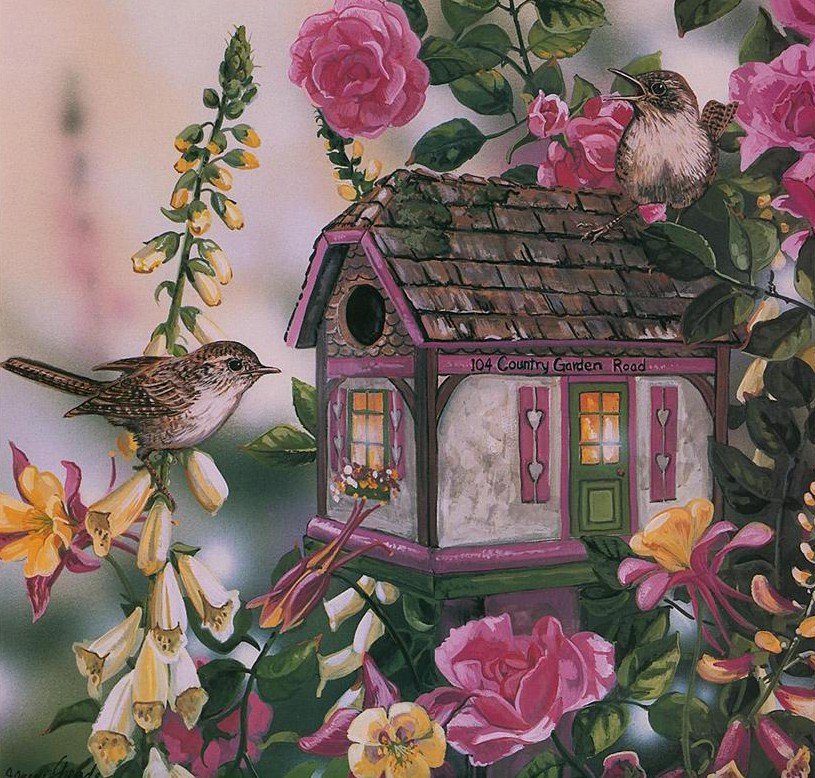 Птичий домик - домик, птицы, цветы - оригинал
