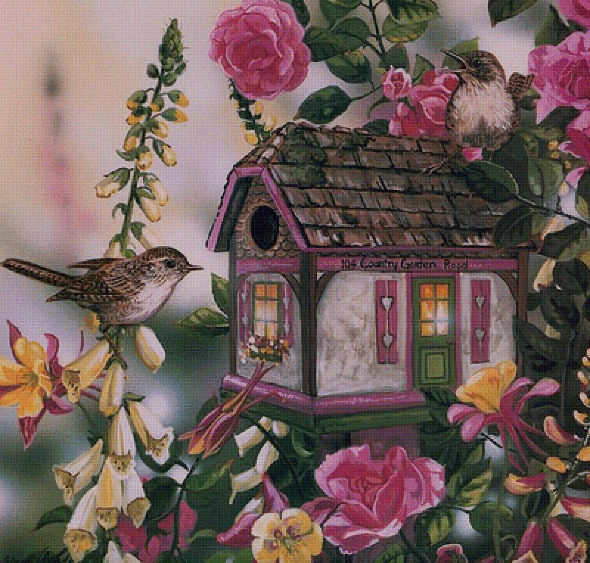 Птичий домик - домик, цветы, птицы - предпросмотр