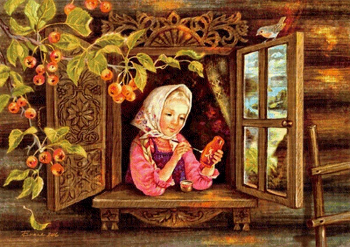 Юная художница - окно, яблоки, девочка - предпросмотр