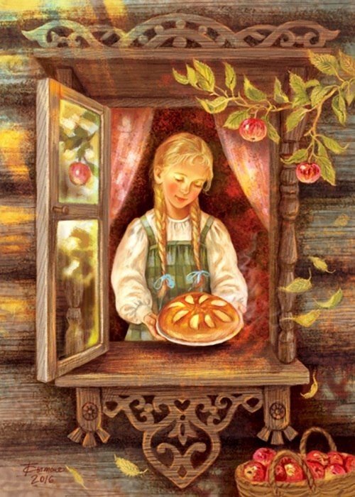 Яблочный пирог - окно, дом, девушка, пирог, отражение, яблоки - оригинал