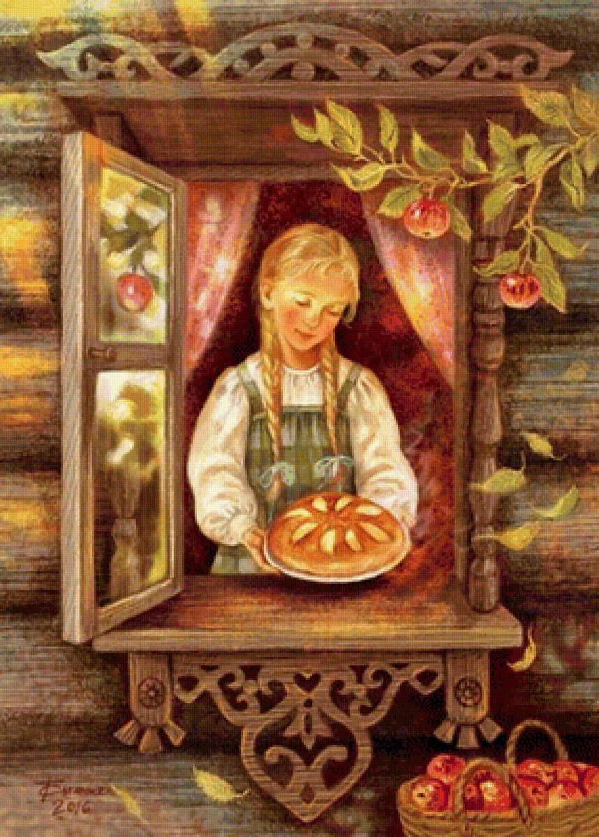 Яблочный пирог - яблоки, девушка, окно, пирог, отражение, дом - предпросмотр