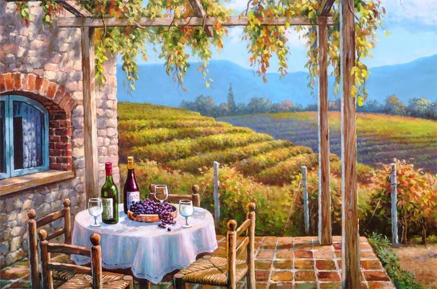 Уголок Прованса - горы, веранда, поле, виноград, вино - оригинал