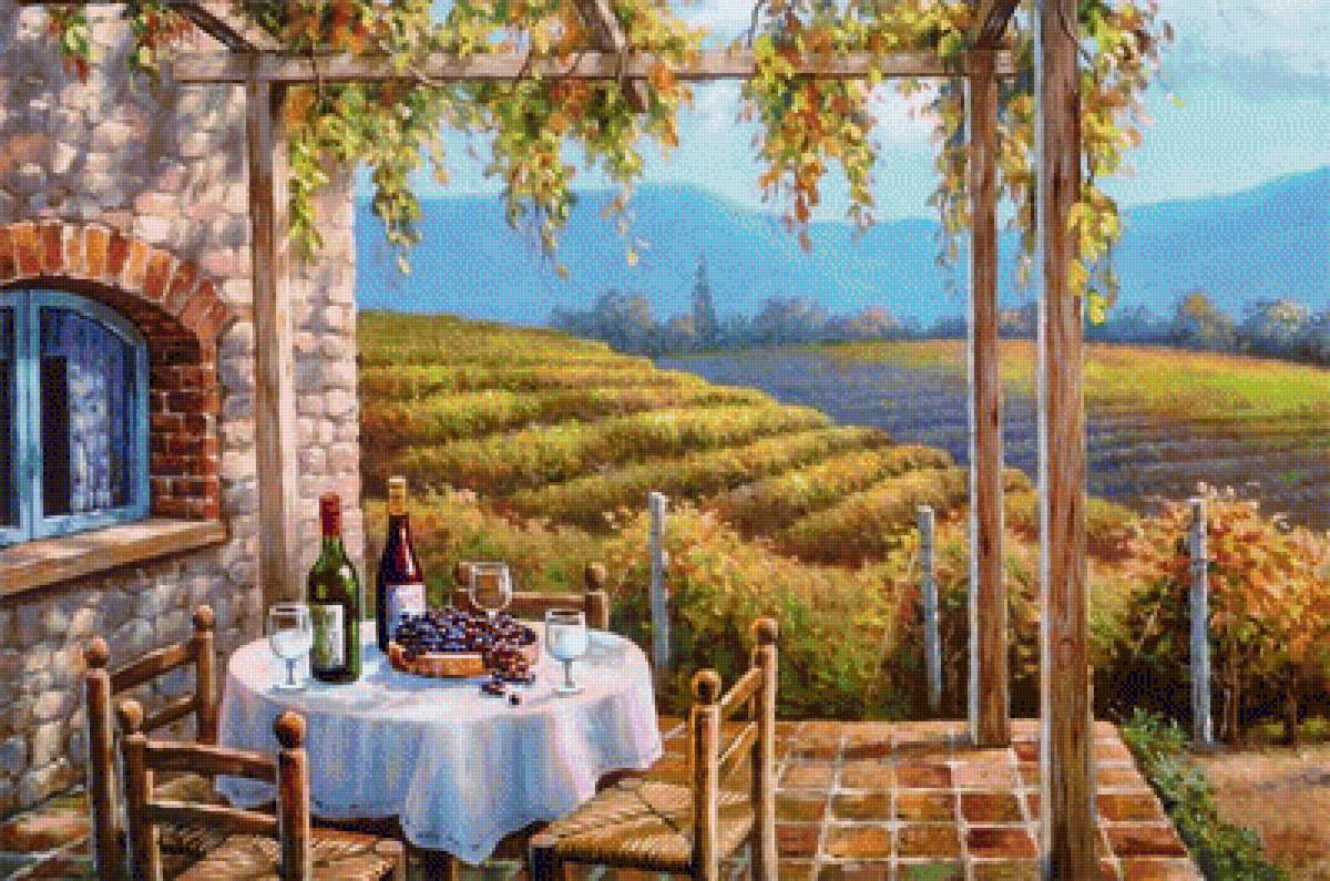 Уголок Прованса - веранда, поле, виноград, вино, горы - предпросмотр