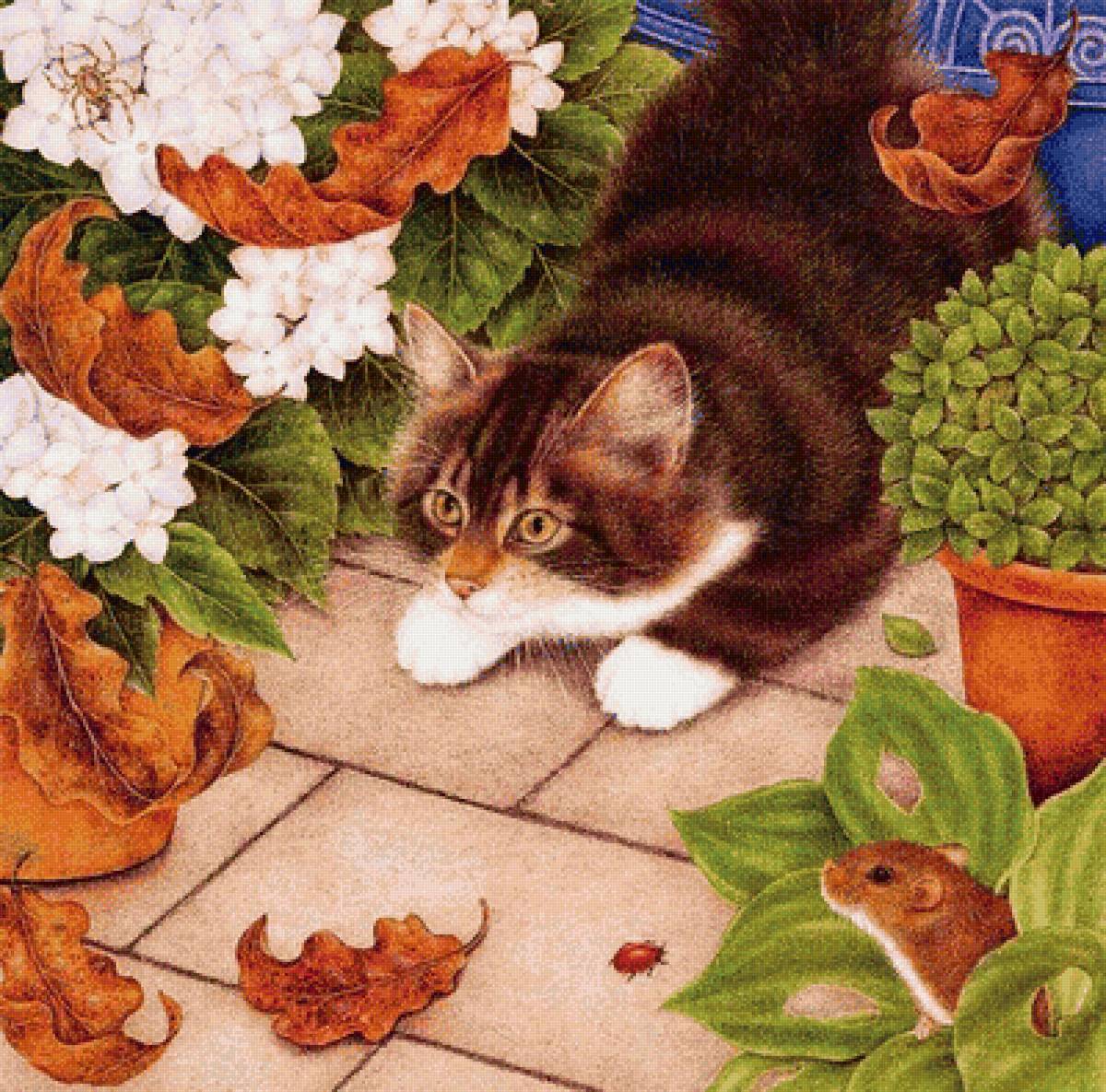 Осенний кот - цветы, листья, коты - предпросмотр