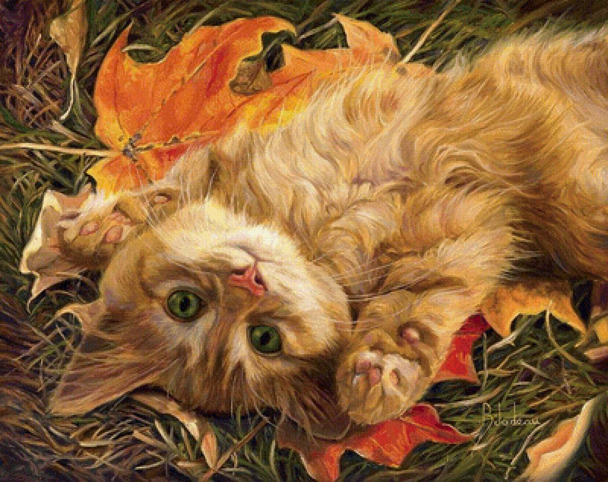 Зеленоглазый - коты, листья, осень - предпросмотр