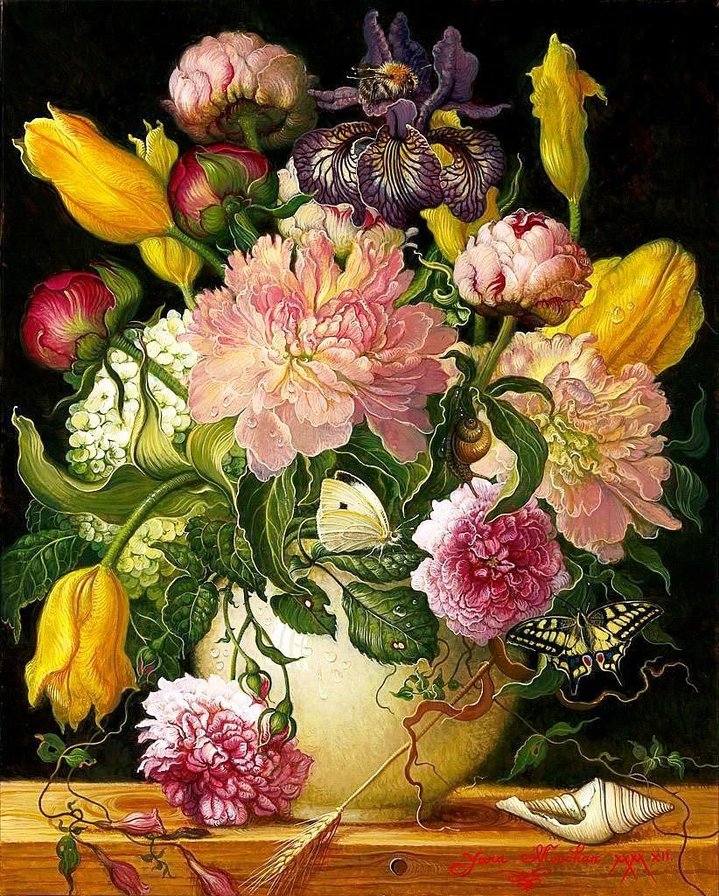 Цветочный натюрморт с пионами и тюльпанами - цветы, бабочка, живопись, букет - оригинал