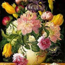 Цветочный натюрморт с пионами и тюльпанами