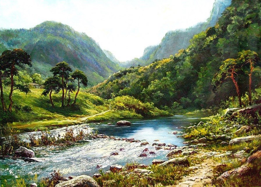Солнечный день - пейзаж, река, горы, камни, деревья - оригинал