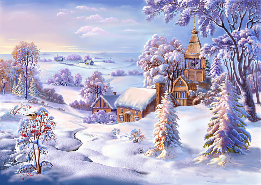 Красавица зима - снег, деревья, зима, храм, птицы, простор - оригинал