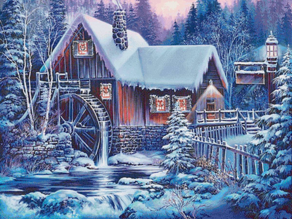 старая мельница - дом, река, зима, снег, пейзаж, мельница, лес - предпросмотр