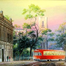 Оригинал схемы вышивки «трамвай в городе» (№1618384)