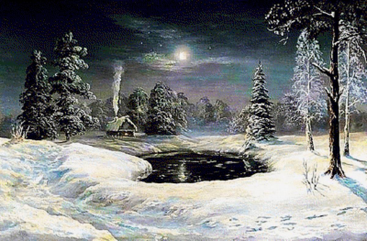 Зимний вечер. - живопись., пейзаж, зима - предпросмотр