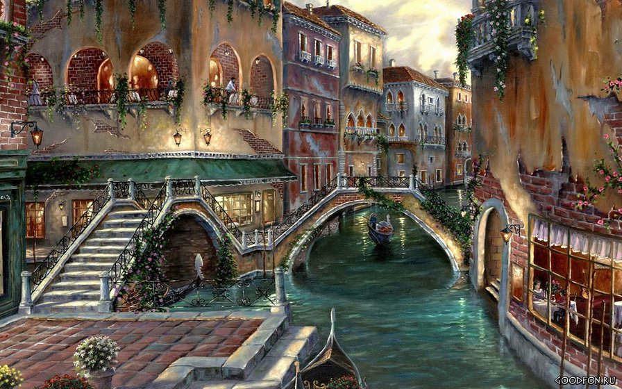 Венеция. х-к Роберт Финеле - окна, италия, мост, лестница, огни, вечер, город - оригинал