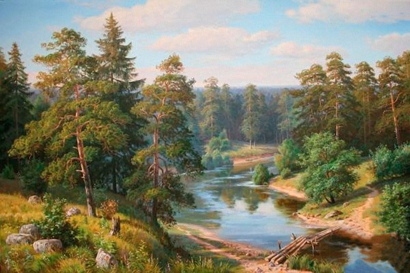 Мостик через лесную речку. х-к Виталий Потапов - пейзаж, сосны, лето, лес, река, живопись - оригинал
