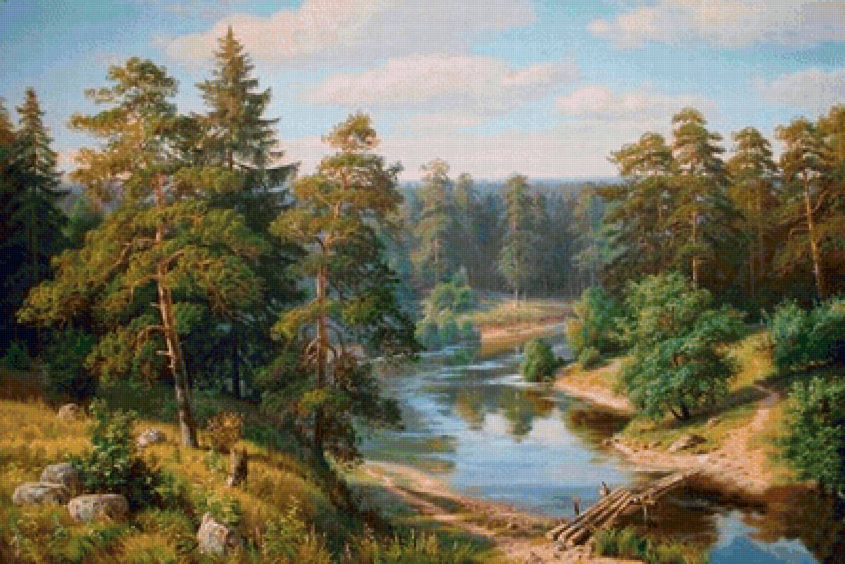 Мостик через лесную речку. х-к Виталий Потапов - река, лес, живопись, лето, сосны, пейзаж - предпросмотр