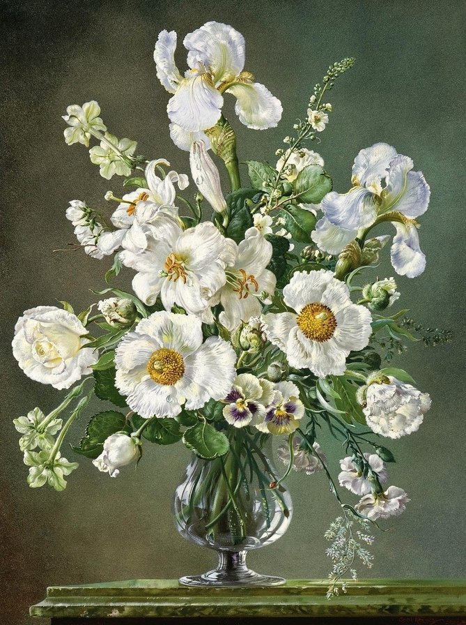 Букет белых цветов - цветочный натюрморт, живопись - оригинал