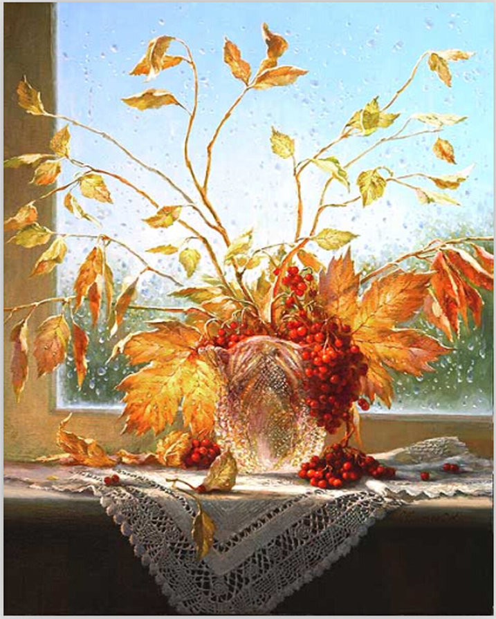 Осенние листья - стекло, букет, окно, капли - оригинал