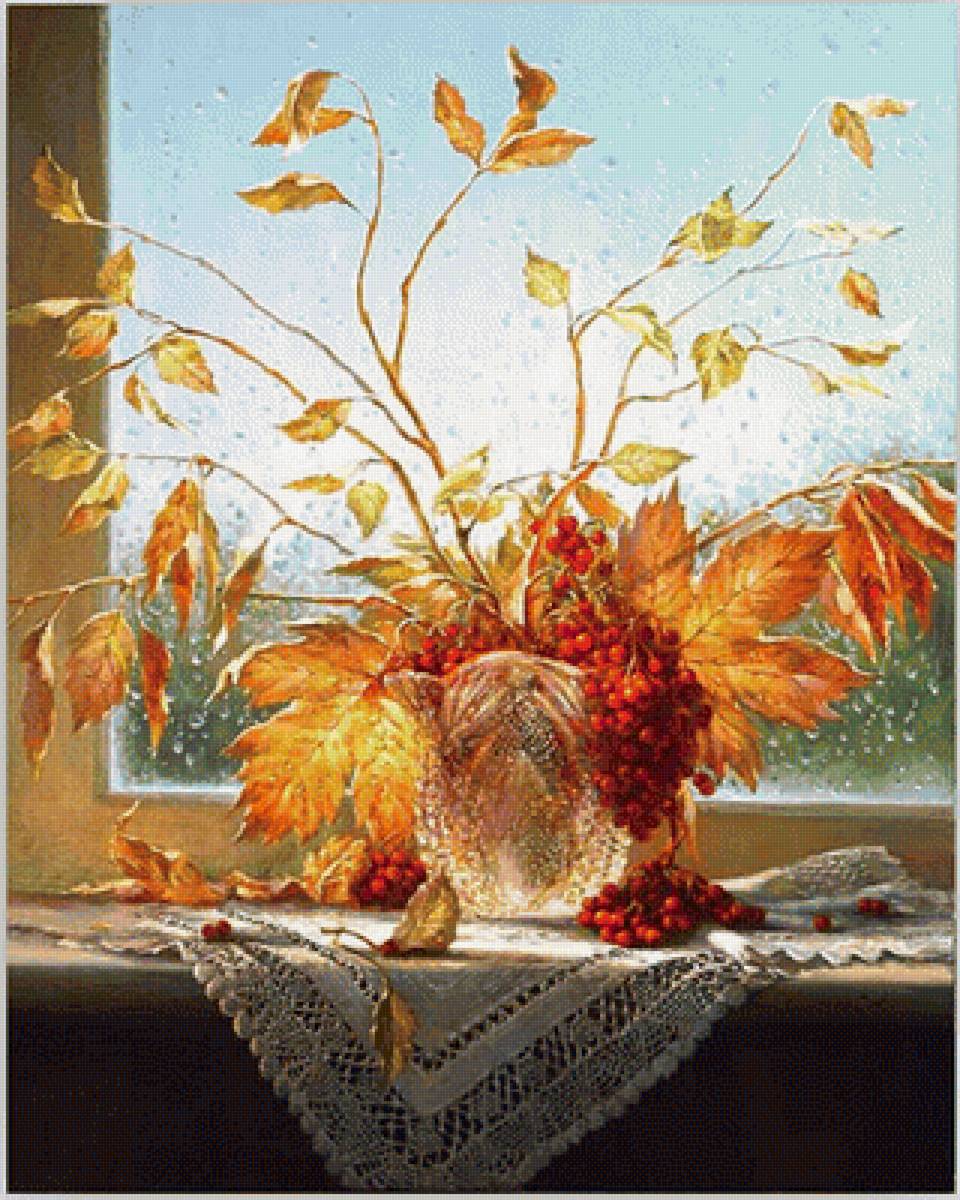 Осенние листья - букет, стекло, капли, окно - предпросмотр