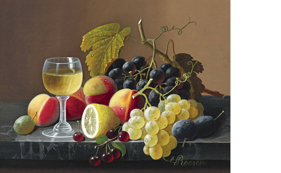Натюрморт - бокал, персики, виноград - оригинал
