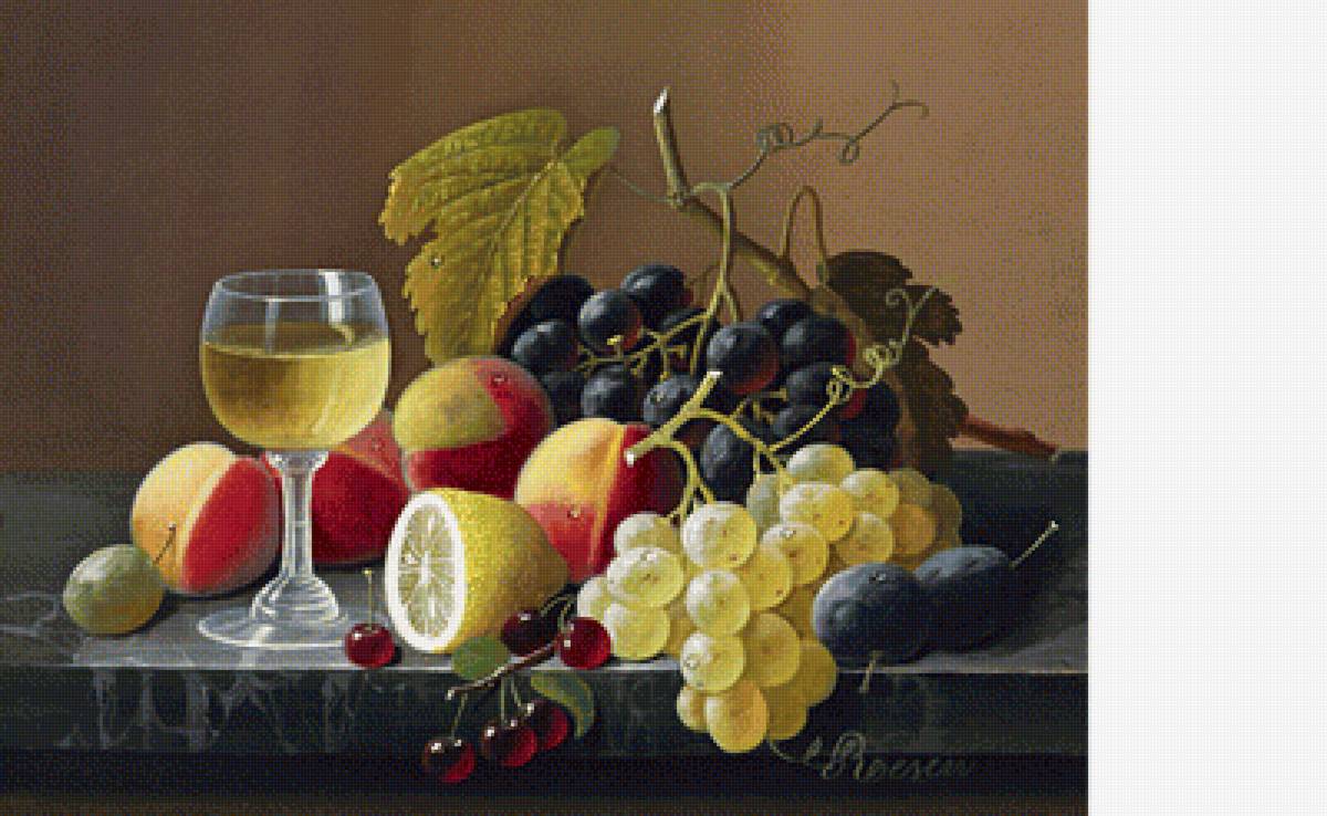 Натюрморт - персики, виноград, бокал - предпросмотр