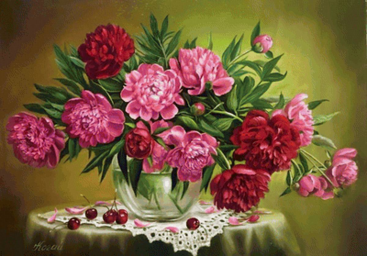 Пионы и вишни - ягоды, натюрморт, цветы, живопись - предпросмотр
