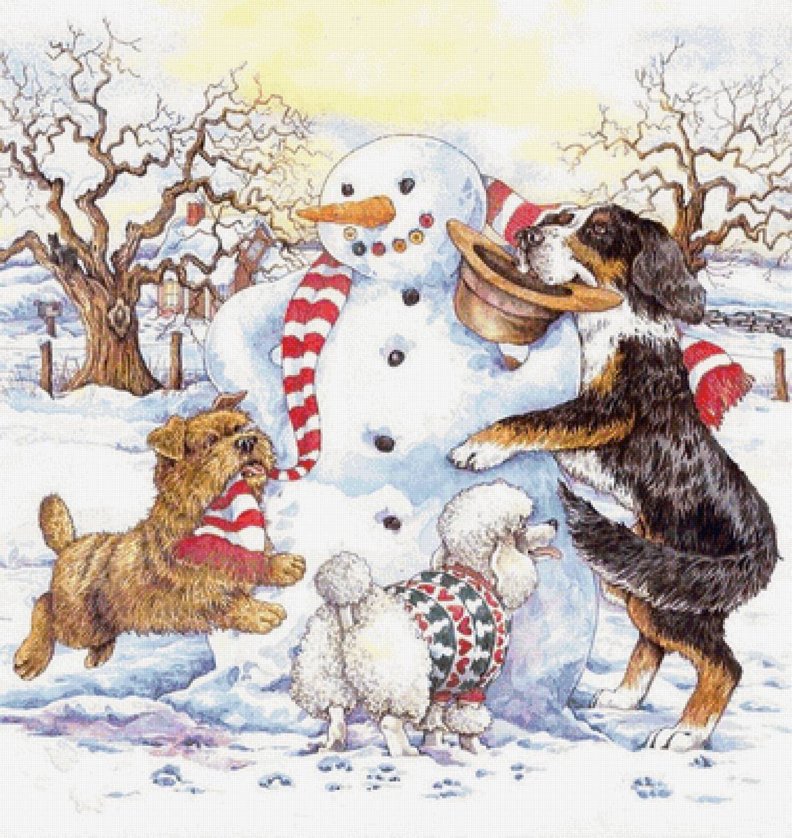 Снеговик и собачки - собаки, снеговик - предпросмотр