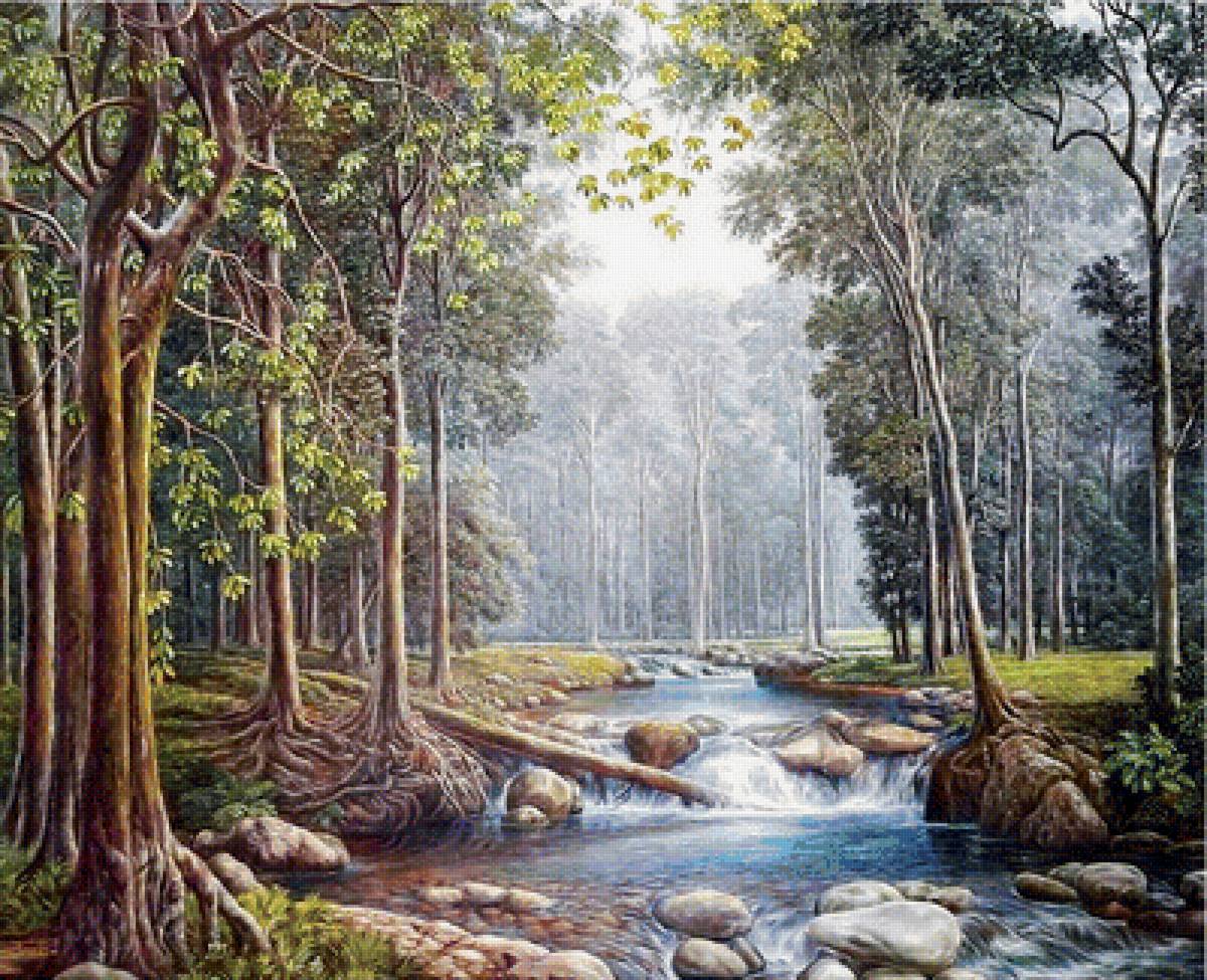 ручей в лесу - природа, картина, пейзаж - предпросмотр