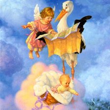 Ангел указывает путь аисту с ребенком
