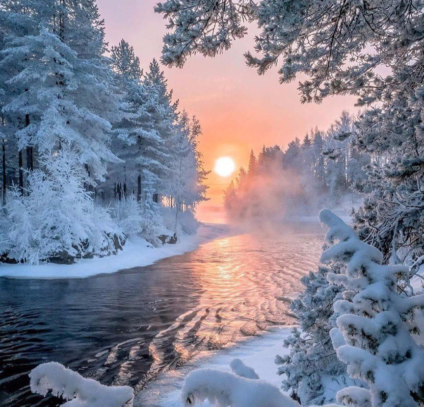 Зимний закат над рекой - лес, деревья, пейзаж, зима, закат, река - оригинал
