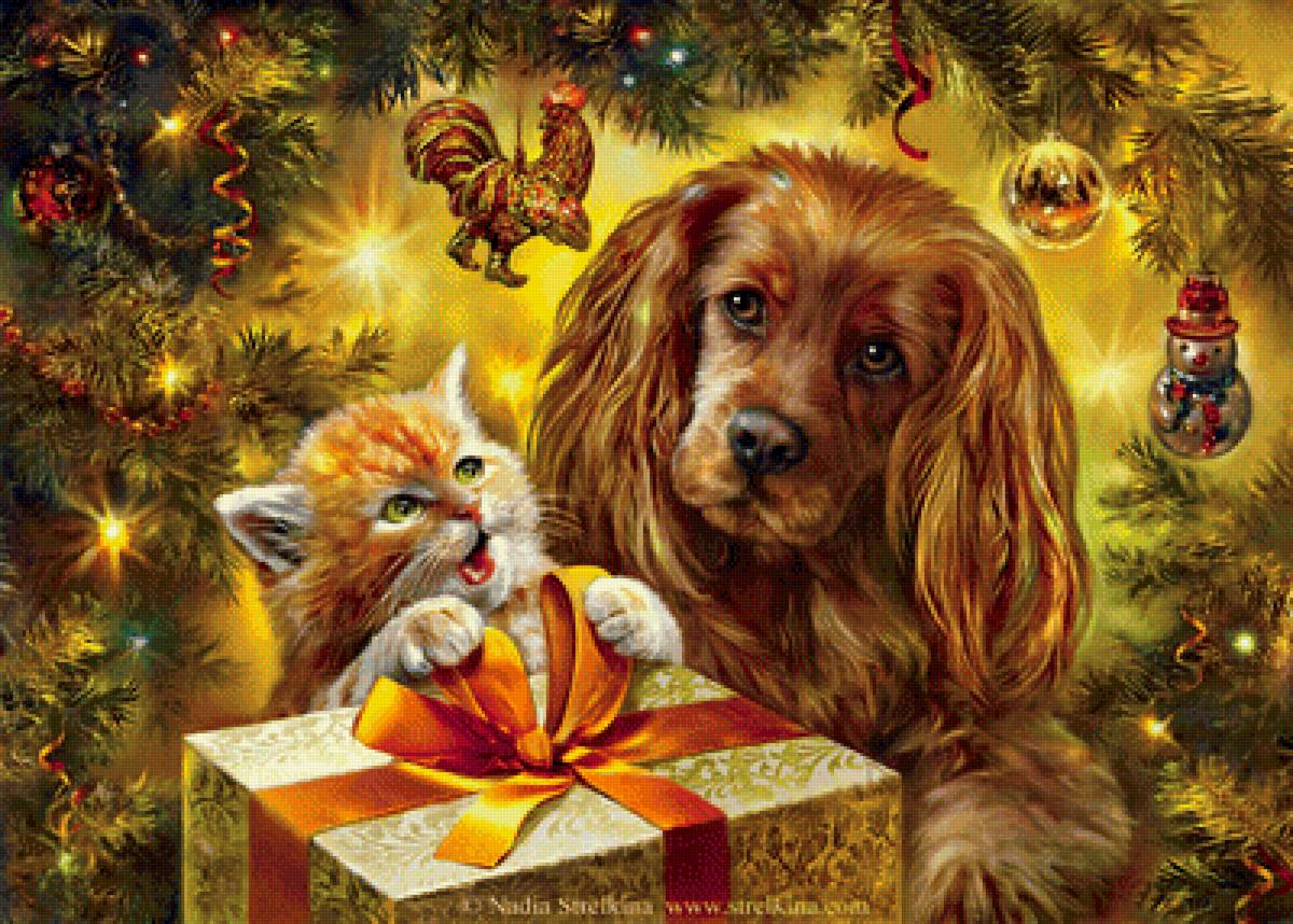 новый год собаке и кошке - новый год, друзья, собака, кошка, подарок - предпросмотр