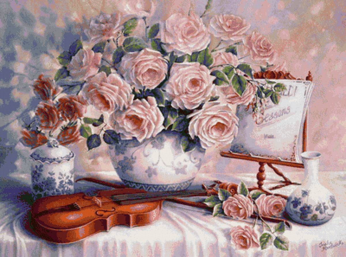 цветы и скрипка - скрипка, розы, пионы, цветы, вазы, букет, ваза - предпросмотр