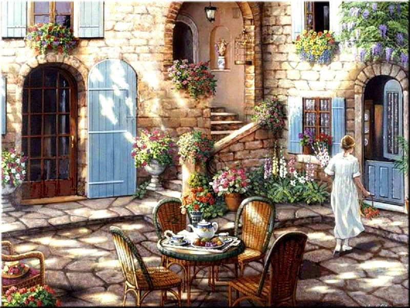 Уютный дворик - цветы, дом, женщина, стол - оригинал