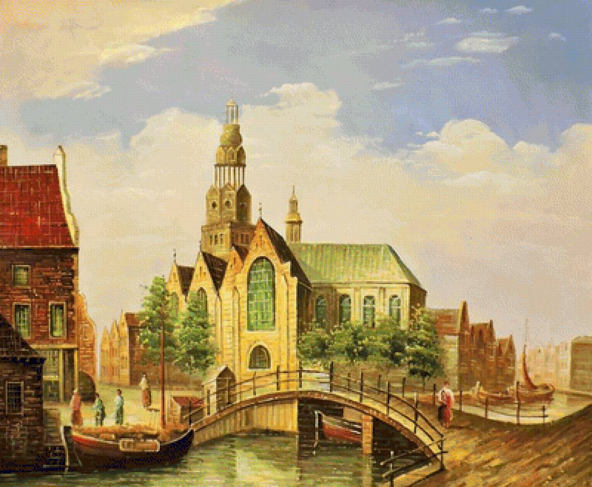 Голландия - живопись, дома. мост, город - предпросмотр