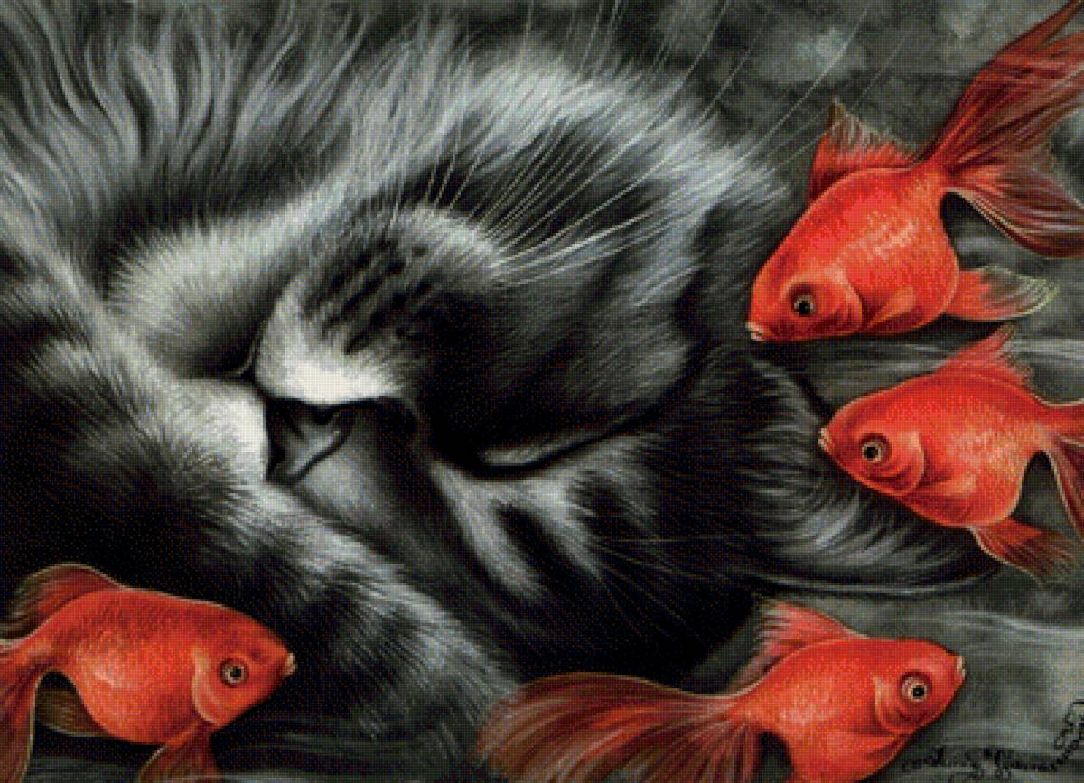 Котик и золотые рыбки - коты ирины гармашевой - предпросмотр
