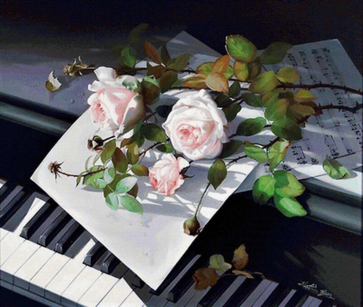 Розы на рояле - живопись, картина - предпросмотр