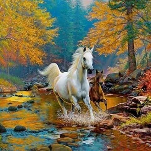 Осенний пейзаж и лошади - ручей, бегущие лошади, осень, природа - оригинал