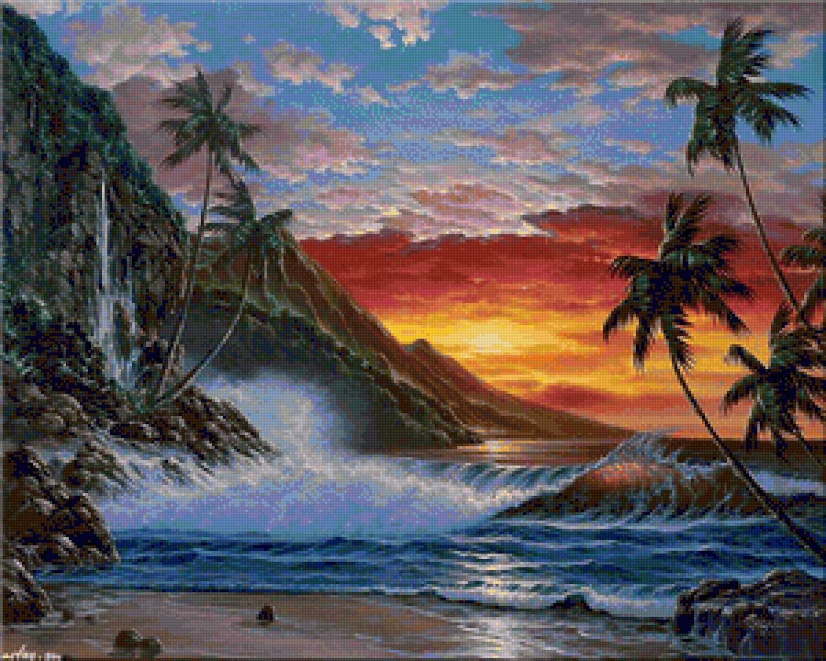 закат на пляже - пальмы, пляж, море, закат - предпросмотр