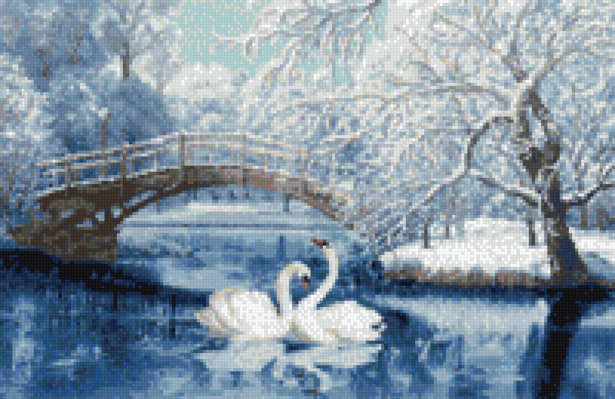 белые лебеди - мост, лебеди, пейзаж - предпросмотр