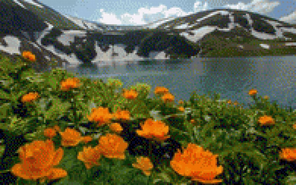 Горное озеро - вода, цветы, горы - предпросмотр