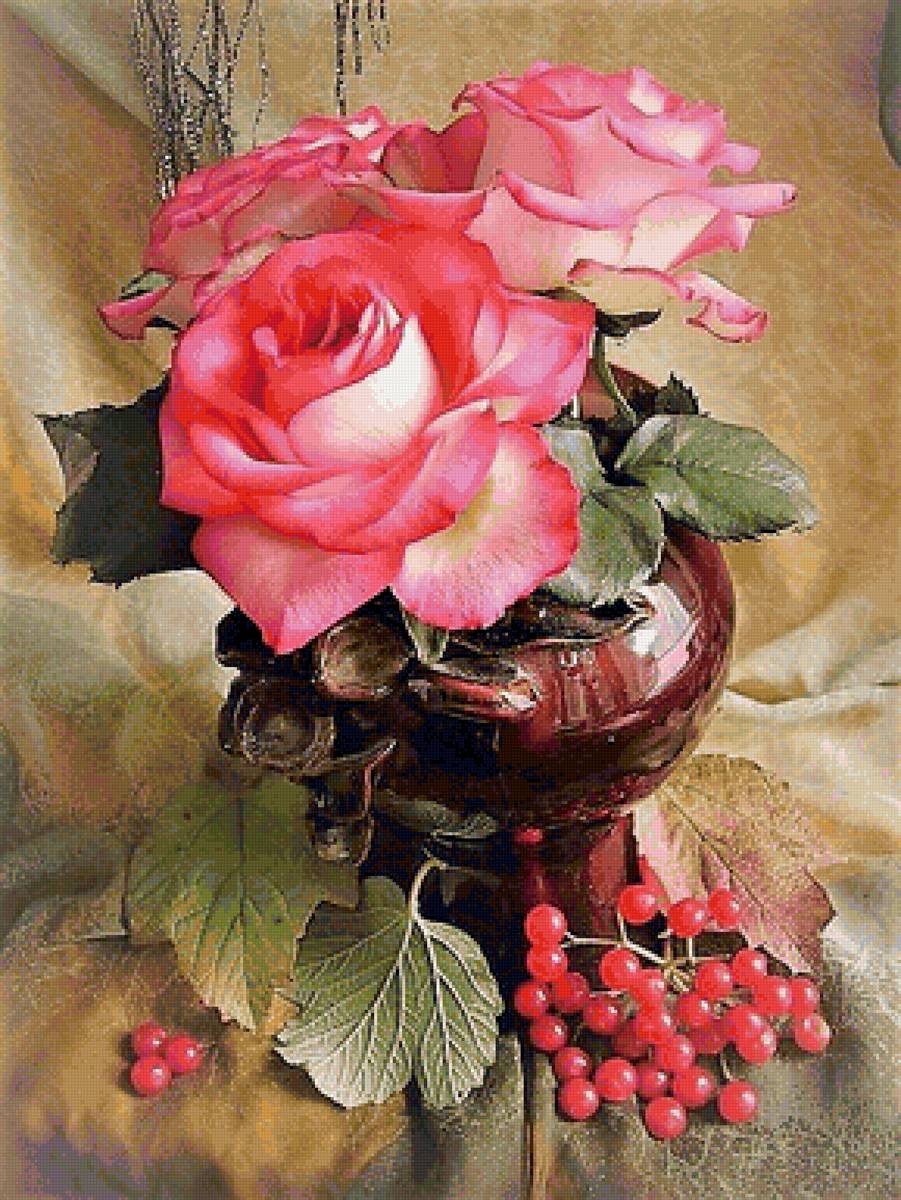 Натюрморт с розами - калина, ваза, розы, натюрморт - предпросмотр