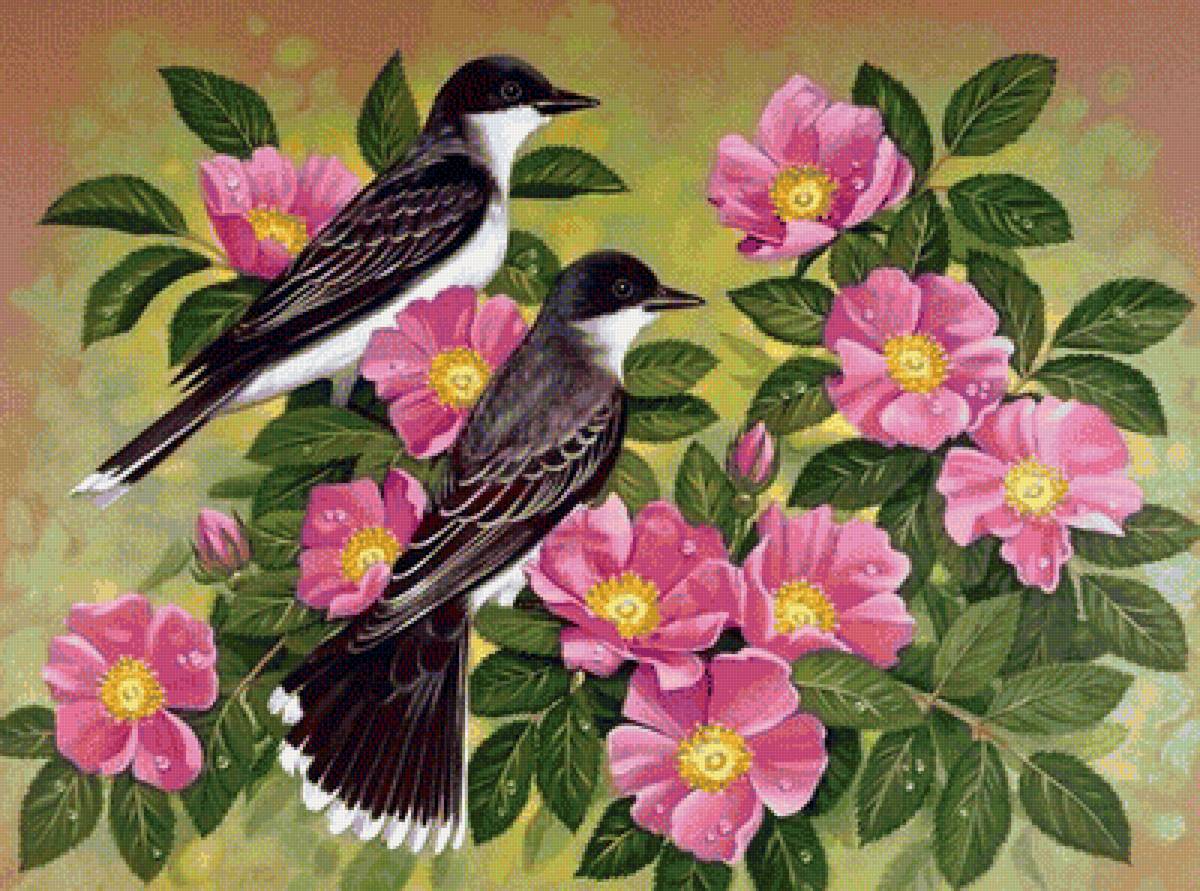 птицы и шиповник - птицы, цветы, картина - предпросмотр