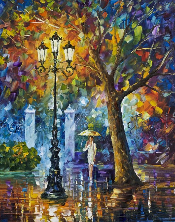 Дождливый вечер - зонт, афремов, мастихиновая живопись, вечер, фонарь - оригинал