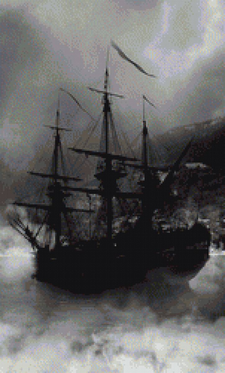 Корабль - шторм, пираты, море, черно-белый - предпросмотр