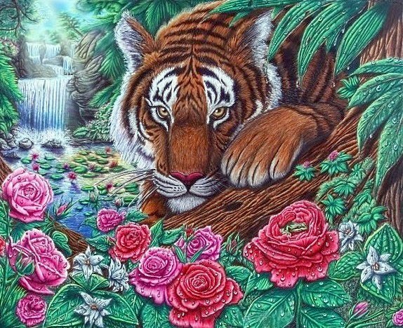 хозяин джунглей - водопад, хищники, тигр, розы, красные цветы - оригинал