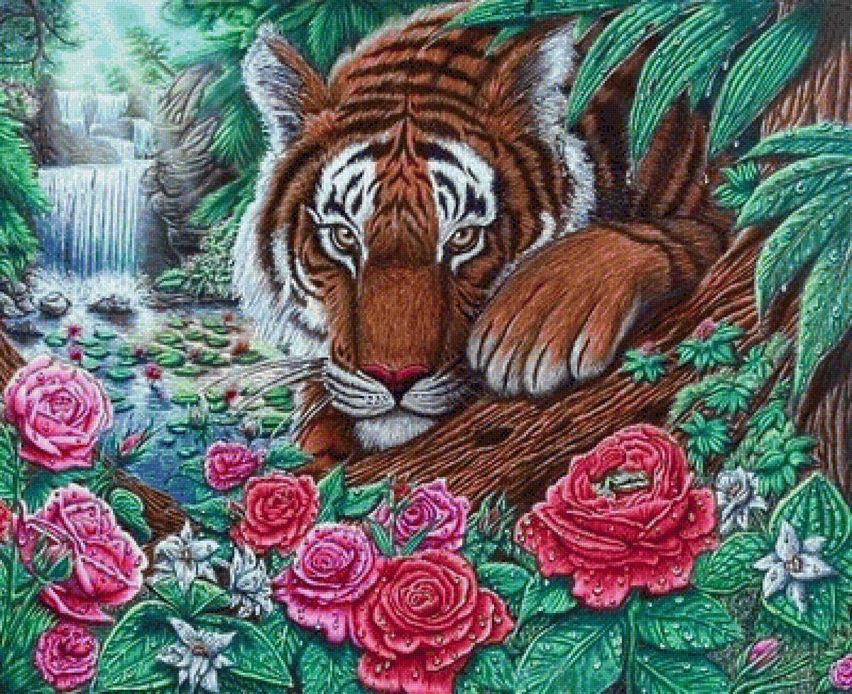 хозяин джунглей - красные цветы, розы, хищники, водопад, тигр - предпросмотр