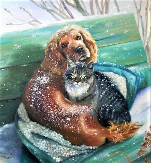 Друзья - собаки, кошки, зима, природа, картина - оригинал