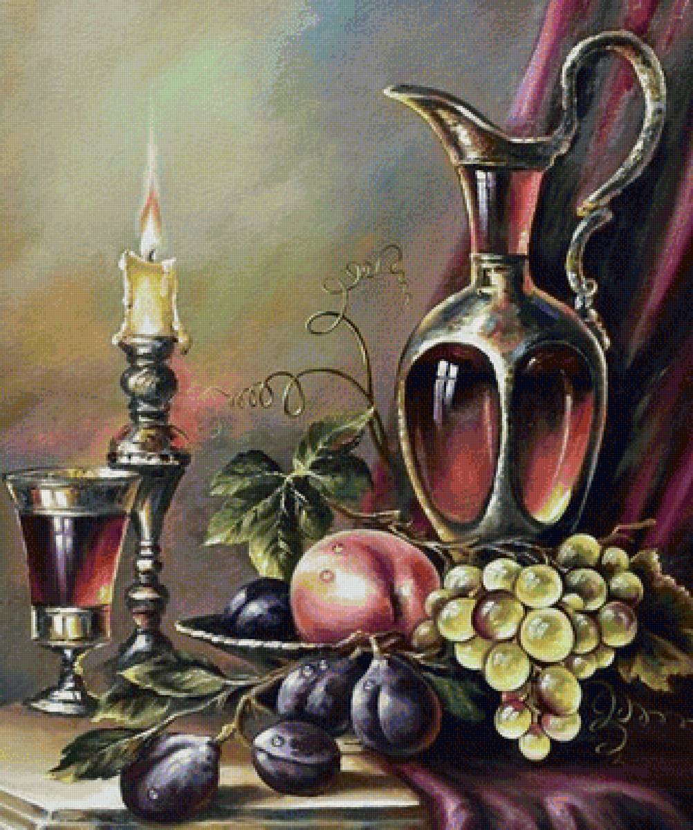Натюрморт - вино, фрукты, натюрморт, сливы, виноград, свеча - предпросмотр