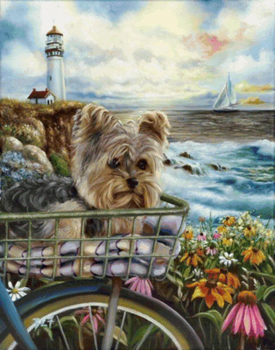Собачка - собака, маяк, арт, лето, море, прогулка - предпросмотр