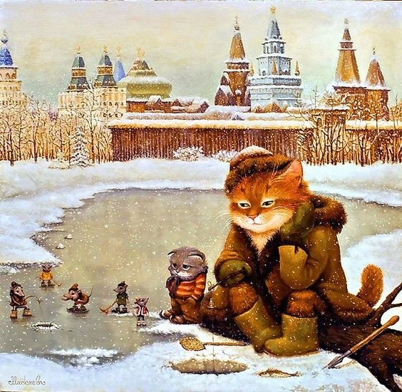 Котик - зима, рыбак, кот, москва, арт - оригинал
