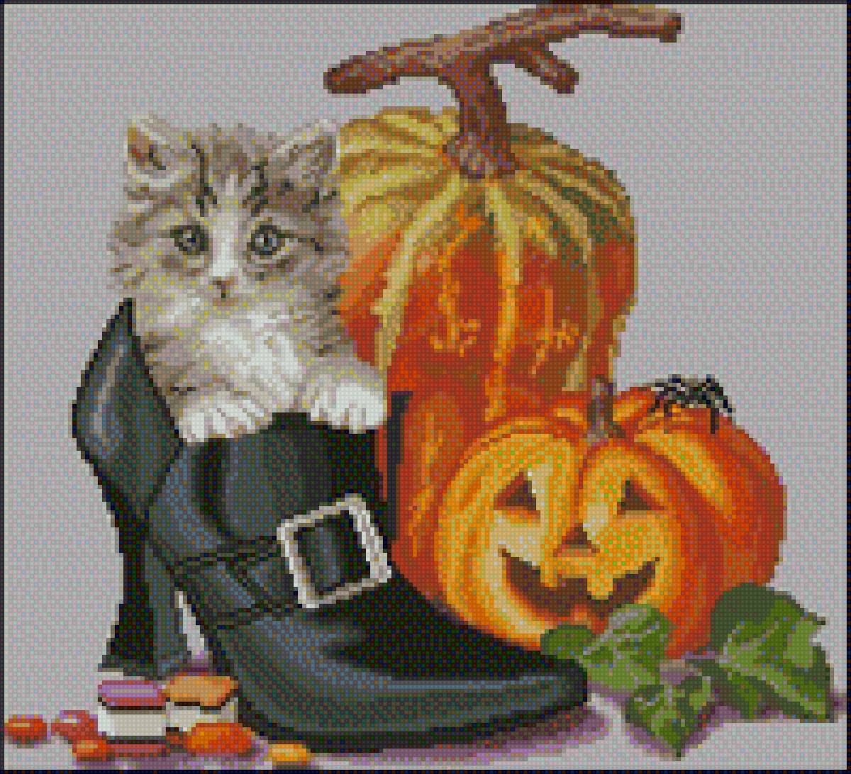 Хеллоуин и котенок - вышивка крестом, хеллоуин, котенок - предпросмотр